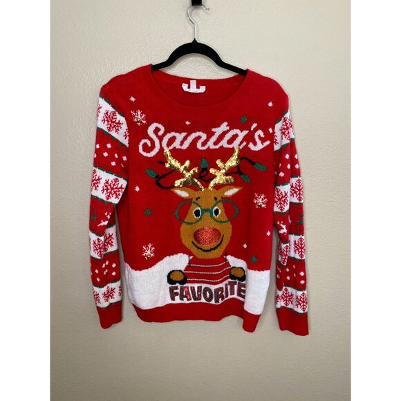 No Boundaries XXL Red Christmas Sweater Santa Favorite Reindeer Sequin Snowflake - Picture 2 of 7